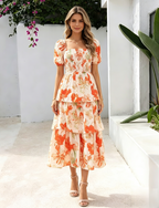 🌸 A summer dream – Chiffon maxi dress with a floral print and ruffles – short-sleeved with a round neckline👗