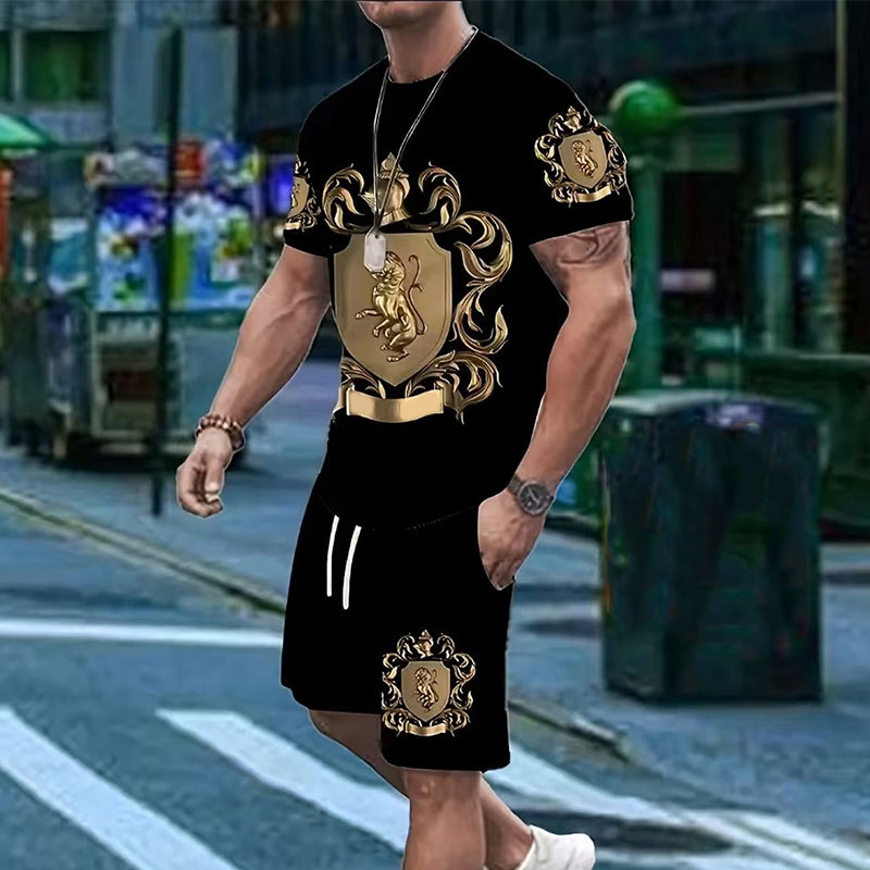 👕 50% OFF NOW! 👑 Men's Gold Crest Print T-Shirt & Shorts Set – Stylish. breathable & perfect for casual summer days or sporty looks 🩳