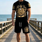 👕 50% OFF NOW! 👑 Men's Gold Crest Print T-Shirt & Shorts Set – Stylish. breathable & perfect for casual summer days or sporty looks 🩳