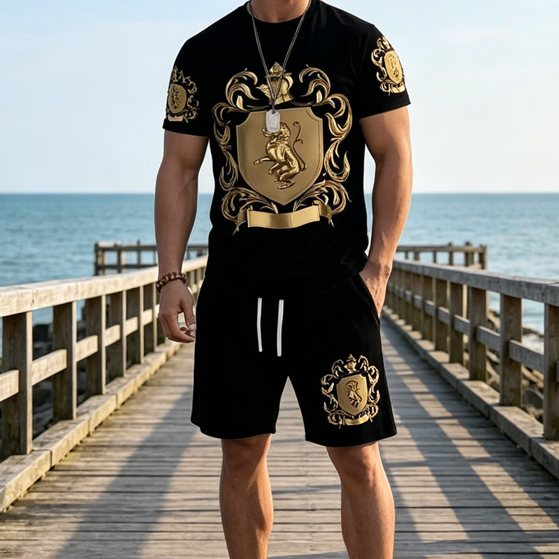 👕 50% OFF NOW! 👑 Men's Gold Crest Print T-Shirt & Shorts Set – Stylish. breathable & perfect for casual summer days or sporty looks 🩳