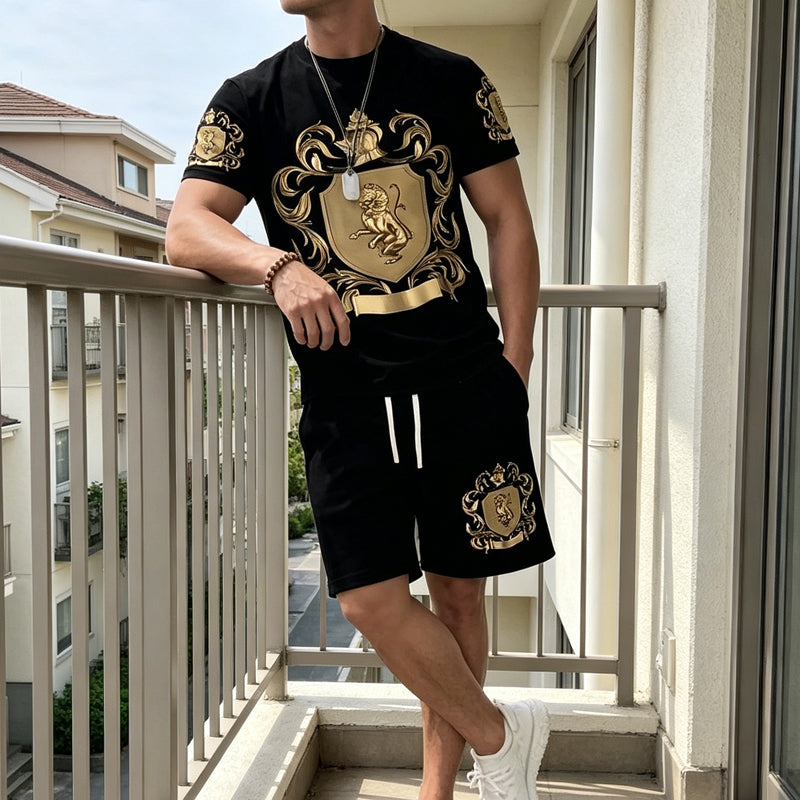 👕 50% OFF NOW! 👑 Men's Gold Crest Print T-Shirt & Shorts Set – Stylish. breathable & perfect for casual summer days or sporty looks 🩳