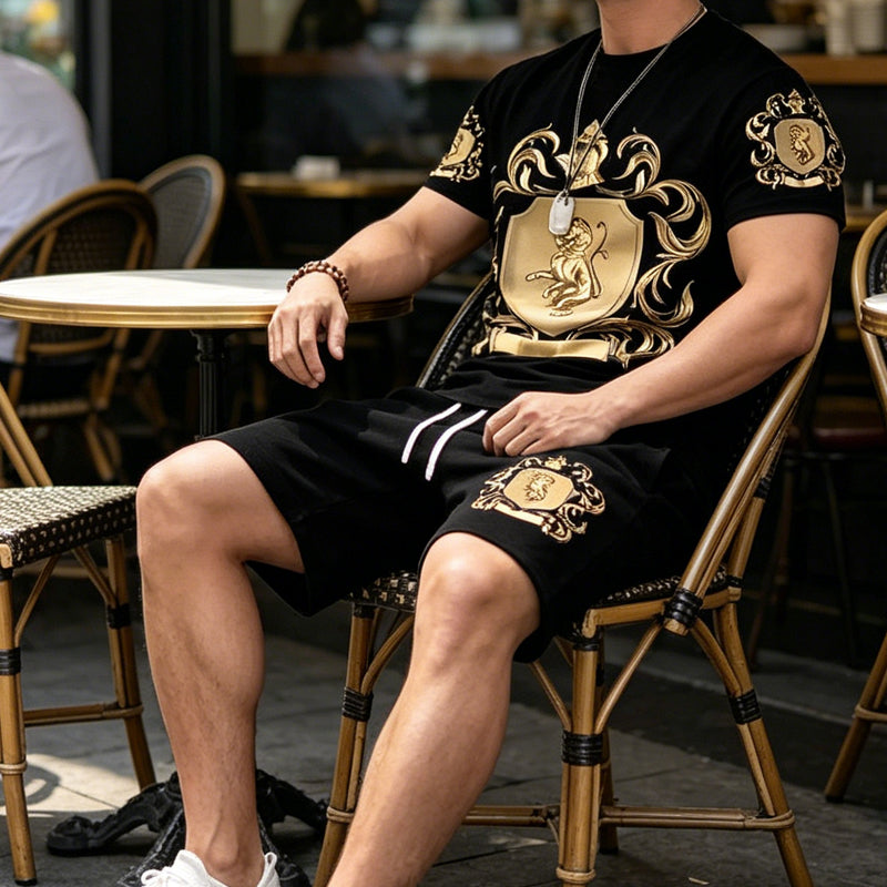 👕 50% OFF NOW! 👑 Men's Gold Crest Print T-Shirt & Shorts Set – Stylish. breathable & perfect for casual summer days or sporty looks 🩳