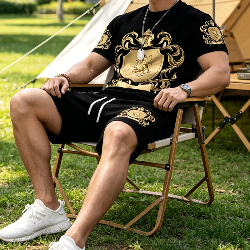 👕 50% OFF NOW! 👑 Men's Gold Crest Print T-Shirt & Shorts Set – Stylish. breathable & perfect for casual summer days or sporty looks 🩳