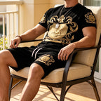 👕 50% OFF NOW! 👑 Men's Gold Crest Print T-Shirt & Shorts Set – Stylish. breathable & perfect for casual summer days or sporty looks 🩳