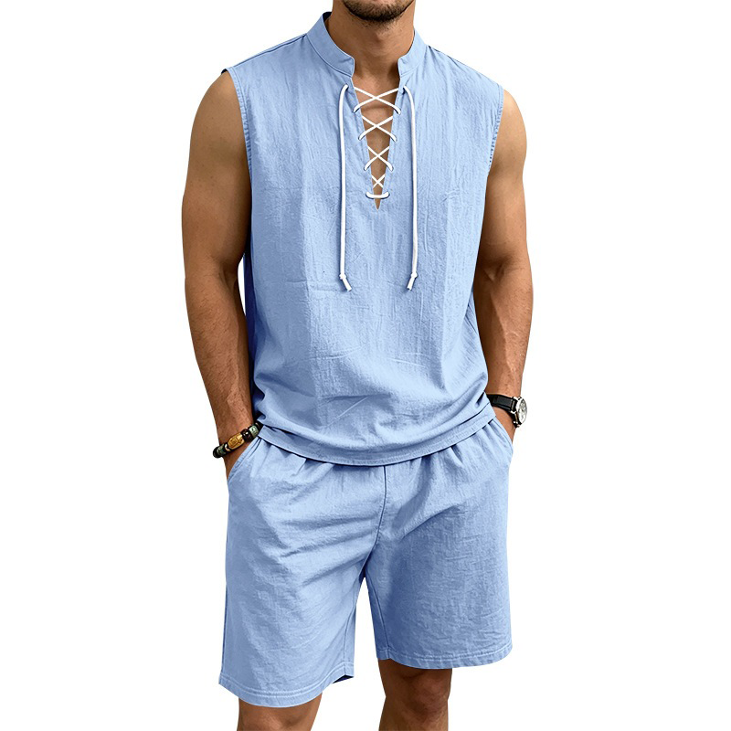 👕Men's Linen Sleeveless Lace-Up Top & Shorts Set🌿