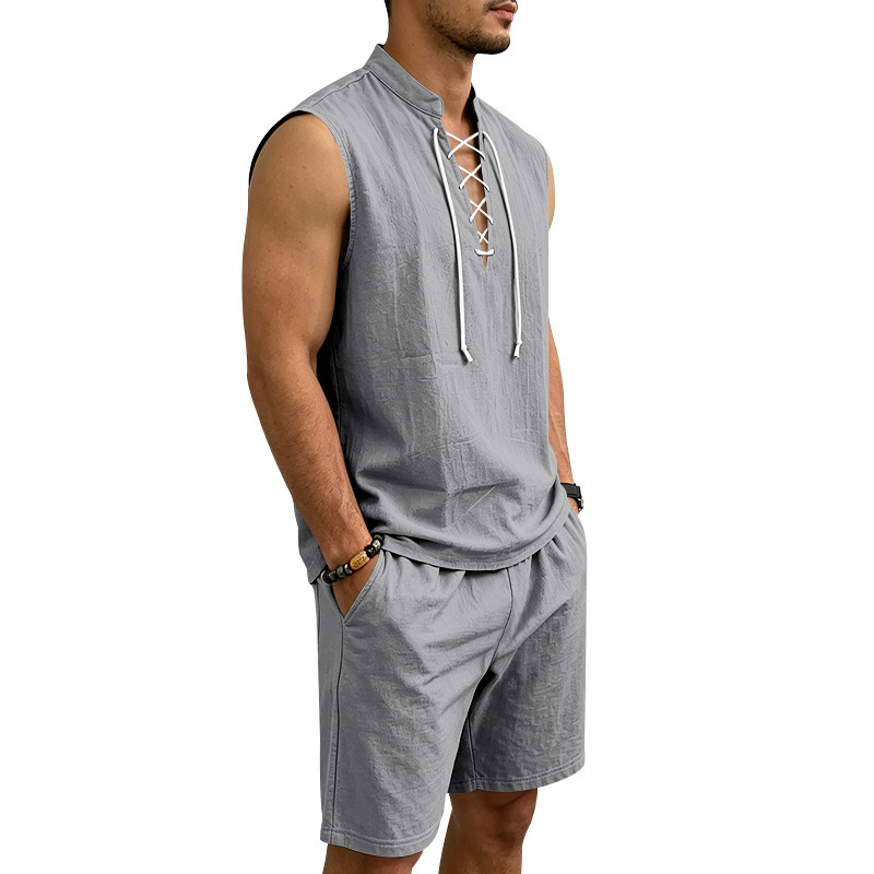 👕Men's Linen Sleeveless Lace-Up Top & Shorts Set🌿