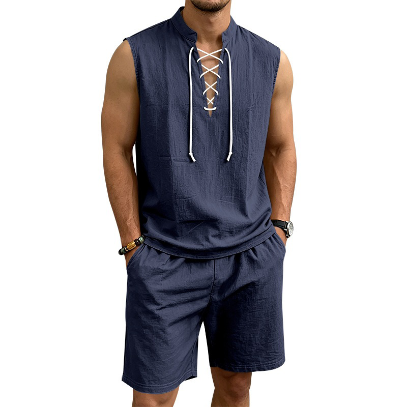 👕Men's Linen Sleeveless Lace-Up Top & Shorts Set🌿