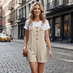 👖 LIMITED-TIME 50% OFF! 🌸 Retro Solid Color Romper with Adjustable Straps – Button-Front. Large Pockets. Relaxed Fit ✨