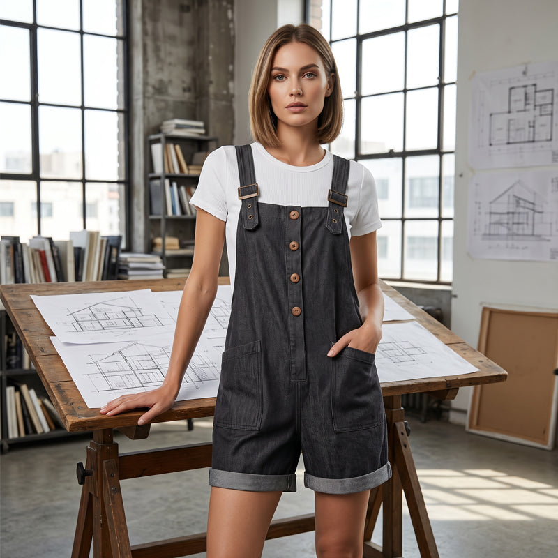 👖 LIMITED-TIME 50% OFF! 🌸 Retro Solid Color Romper with Adjustable Straps – Button-Front. Large Pockets. Relaxed Fit ✨