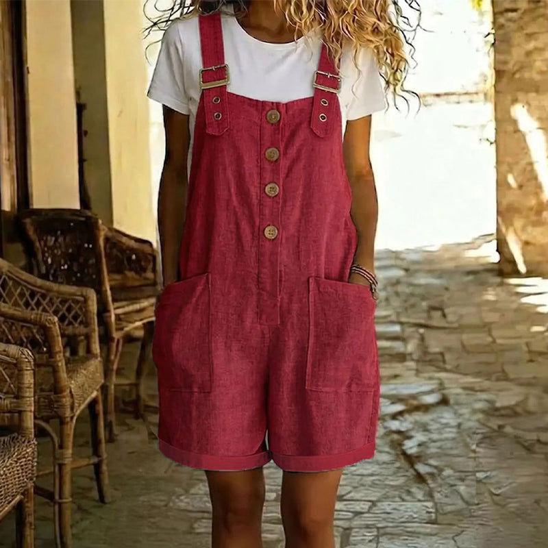 👖 LIMITED-TIME 50% OFF! 🌸 Retro Solid Color Romper with Adjustable Straps – Button-Front. Large Pockets. Relaxed Fit ✨