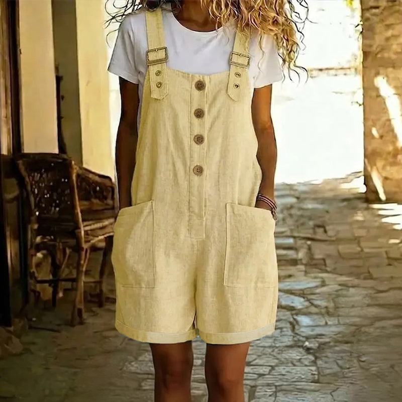 👖 LIMITED-TIME 50% OFF! 🌸 Retro Solid Color Romper with Adjustable Straps – Button-Front. Large Pockets. Relaxed Fit ✨