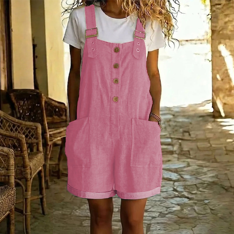 👖 LIMITED-TIME 50% OFF! 🌸 Retro Solid Color Romper with Adjustable Straps – Button-Front. Large Pockets. Relaxed Fit ✨