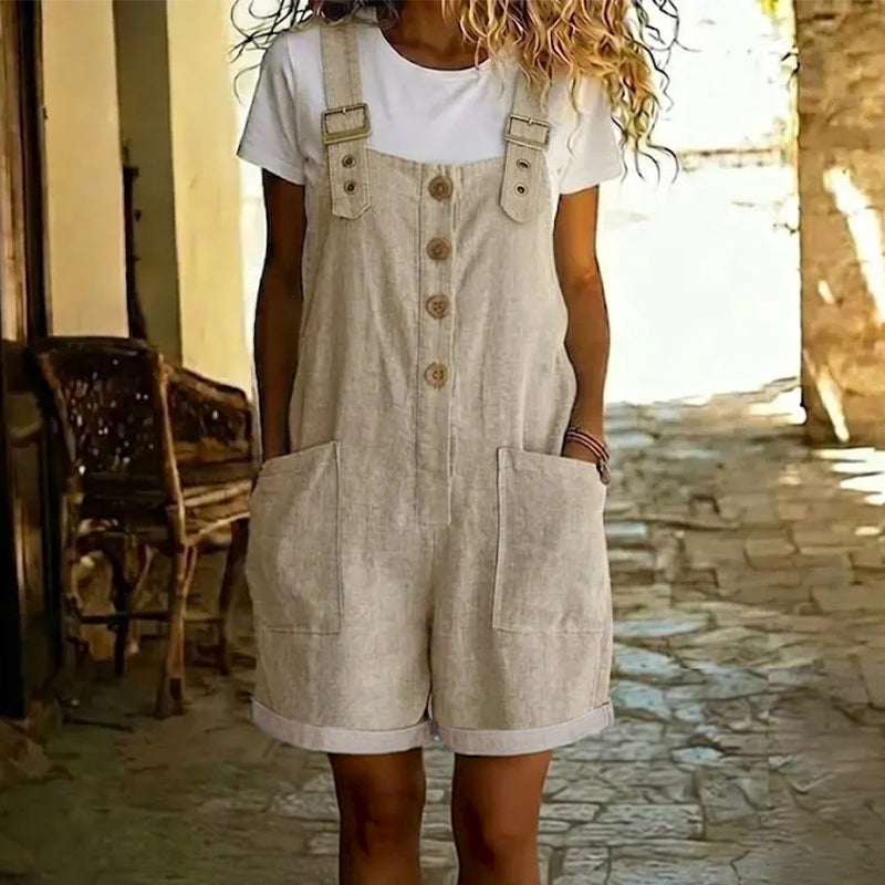 👖 LIMITED-TIME 50% OFF! 🌸 Retro Solid Color Romper with Adjustable Straps – Button-Front. Large Pockets. Relaxed Fit ✨