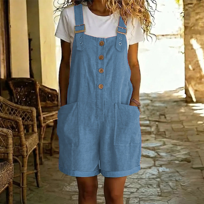 👖 LIMITED-TIME 50% OFF! 🌸 Retro Solid Color Romper with Adjustable Straps – Button-Front. Large Pockets. Relaxed Fit ✨
