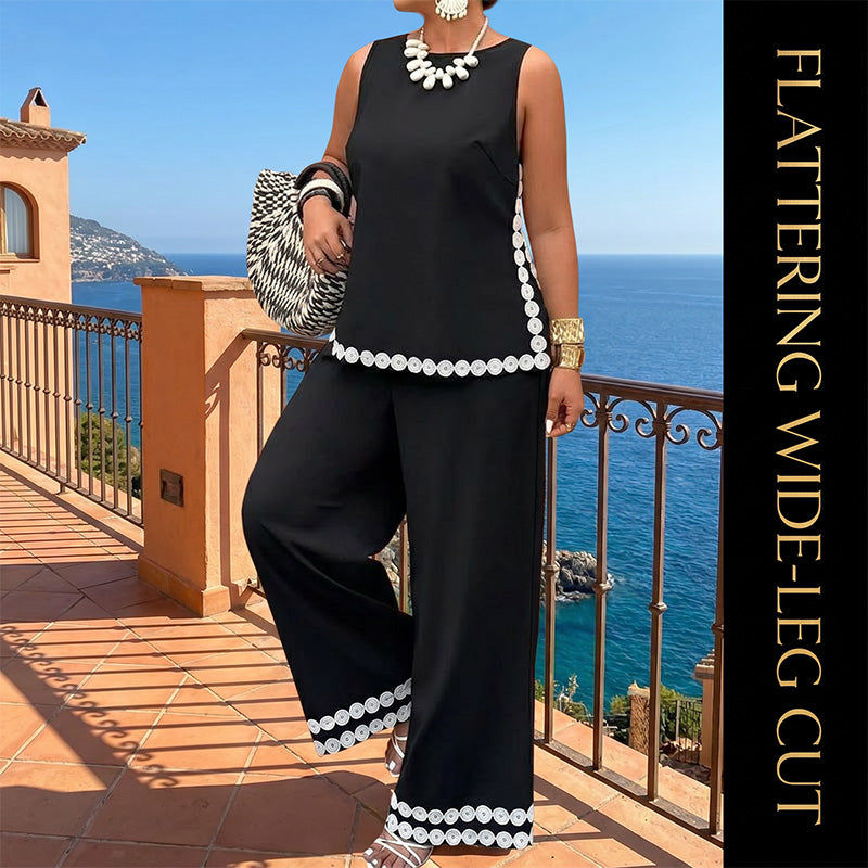 👗 50% OFF NOW! 🌸 Women's Sleeveless Top & Wide-Leg Pants Suit – Lace Trim. Flowy & 2-Piece Elegant Set – Perfect for Summer Days ☀️