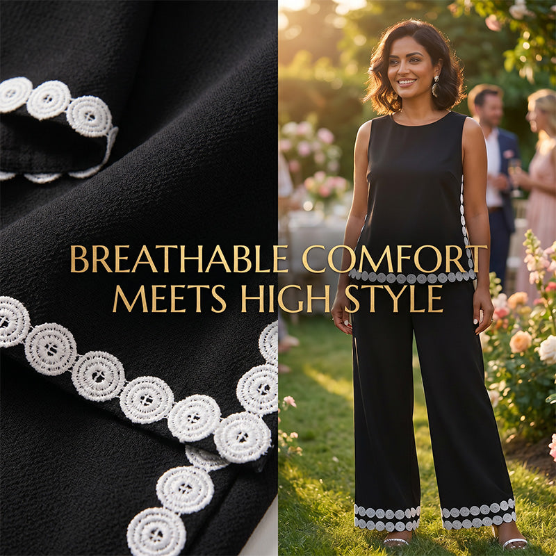 👗 50% OFF NOW! 🌸 Women's Sleeveless Top & Wide-Leg Pants Suit – Lace Trim. Flowy & 2-Piece Elegant Set – Perfect for Summer Days ☀️