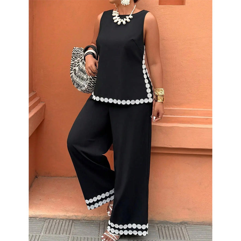 👗 50% OFF NOW! 🌸 Women's Sleeveless Top & Wide-Leg Pants Suit – Lace Trim. Flowy & 2-Piece Elegant Set – Perfect for Summer Days ☀️