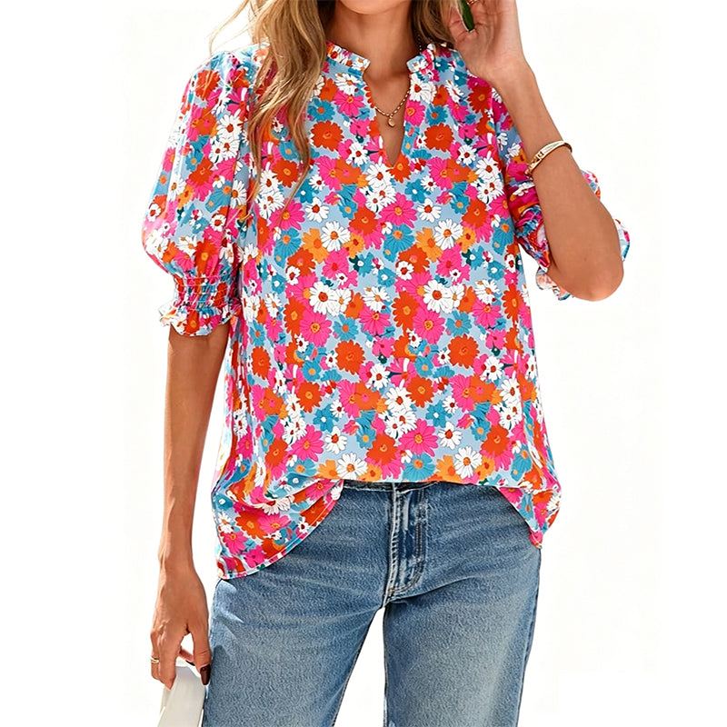 🌸 50% OFF NOW! 🌸Women's Boho V-Neck Puff Sleeve Blouse | Floral Print Dressy Casual Top for Office & Weekend Wear