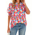 🌸 50% OFF NOW! 🌸Women's Boho V-Neck Puff Sleeve Blouse | Floral Print Dressy Casual Top for Office & Weekend Wear