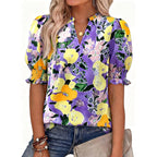 🌸 50% OFF NOW! 🌸Women's Boho V-Neck Puff Sleeve Blouse | Floral Print Dressy Casual Top for Office & Weekend Wear
