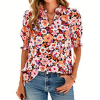 🌸 50% OFF NOW! 🌸Women's Boho V-Neck Puff Sleeve Blouse | Floral Print Dressy Casual Top for Office & Weekend Wear