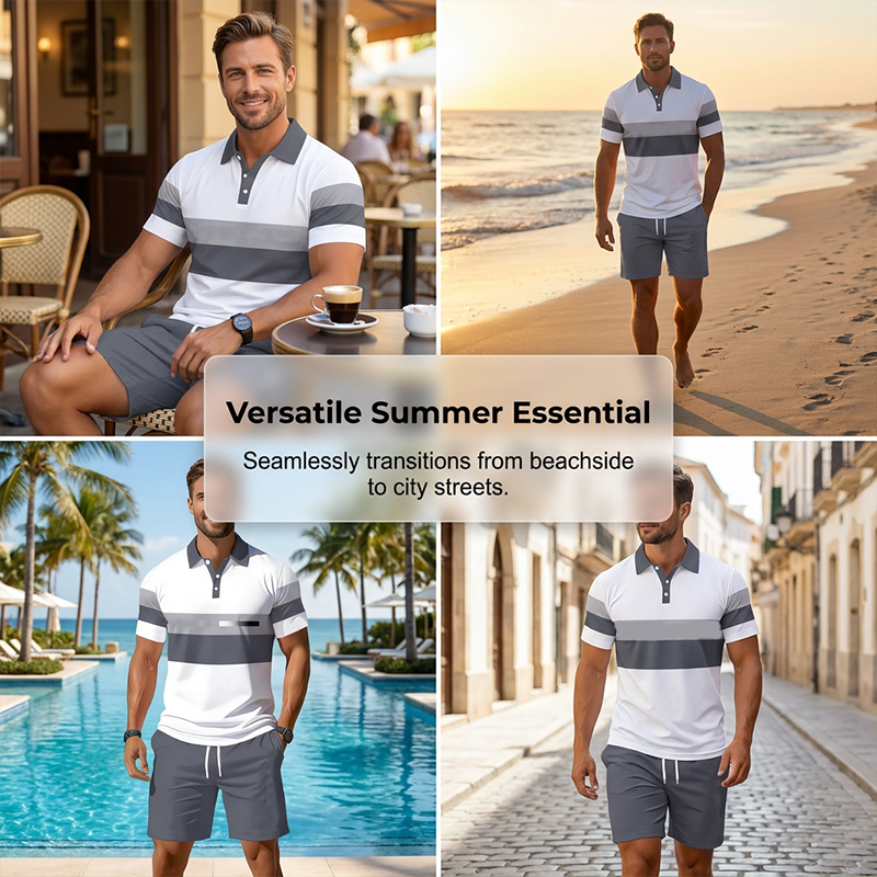 🔥Men's Short Sleeve Casual Set. Summer Beach Fashion Sport Wear. Plaid Pattern. Slim-Fitting. Above the Knee