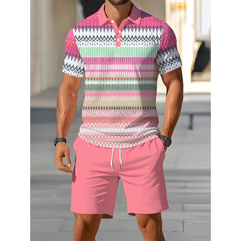 🔥Men's Short Sleeve Casual Set. Summer Beach Fashion Sport Wear. Plaid Pattern. Slim-Fitting. Above the Knee