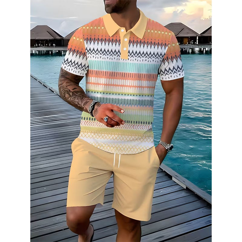 🔥Men's Short Sleeve Casual Set. Summer Beach Fashion Sport Wear. Plaid Pattern. Slim-Fitting. Above the Knee
