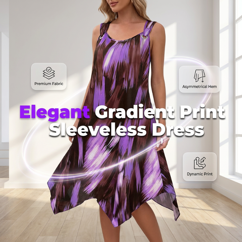 ⏳Time-Limited Special⏰ Elegant Gradient Print Sleeveless Dress – Asymmetrical Hem. O-Ring Straps. Flowy ✨