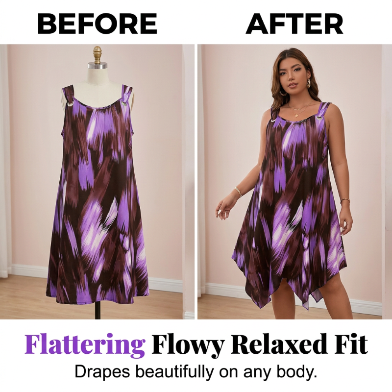 ⏳Time-Limited Special⏰ Elegant Gradient Print Sleeveless Dress – Asymmetrical Hem. O-Ring Straps. Flowy ✨