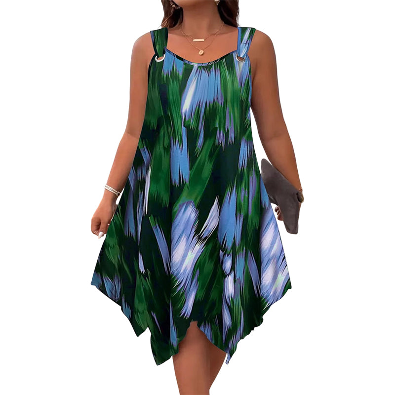 ⏳Time-Limited Special⏰ Elegant Gradient Print Sleeveless Dress – Asymmetrical Hem. O-Ring Straps. Flowy ✨