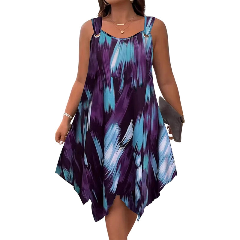 ⏳Time-Limited Special⏰ Elegant Gradient Print Sleeveless Dress – Asymmetrical Hem. O-Ring Straps. Flowy ✨