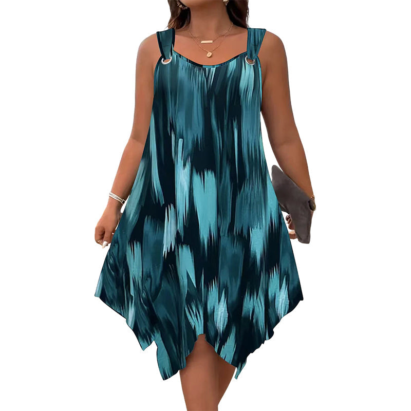 ⏳Time-Limited Special⏰ Elegant Gradient Print Sleeveless Dress – Asymmetrical Hem. O-Ring Straps. Flowy ✨