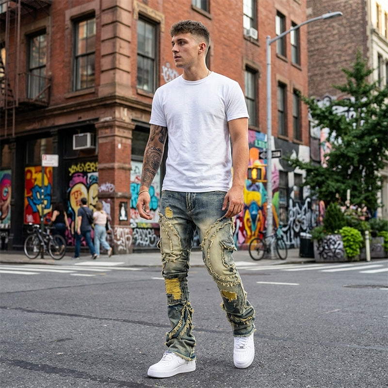 👖 Men's Deconstructed Frayed Flare Jeans — Raw Seams. Relaxed Fit. Streetwear Edge