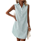 Women Sleeveless Striped Shirt Dress V Neck