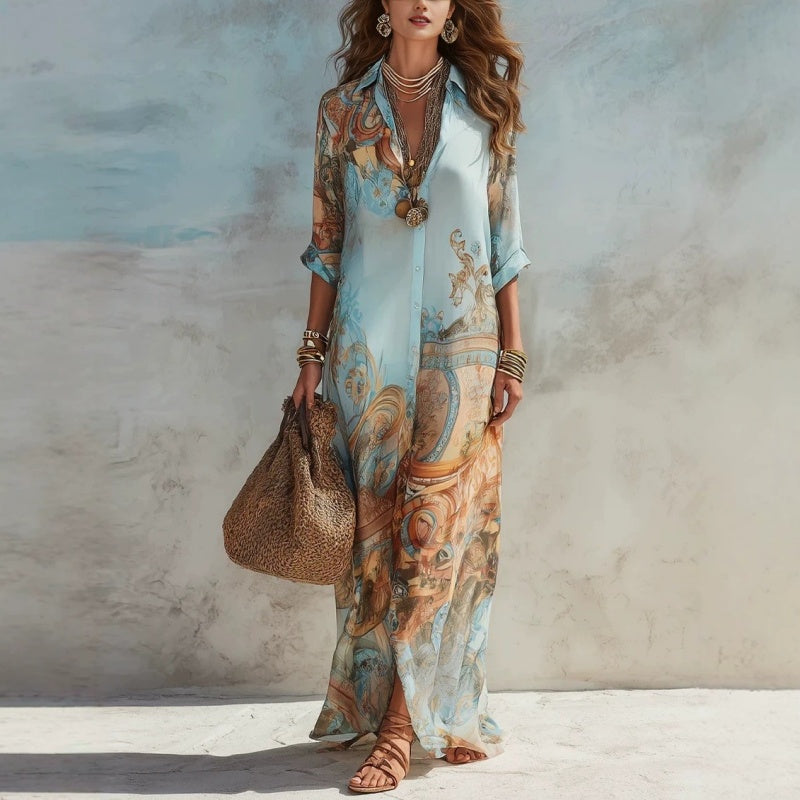 👗 LIMITED-TIME 50% OFF! ✨ Elegant Retro Print Maxi Dress – V-Neck Button-Down. Flowy Silhouette. Boho Chic 🌸