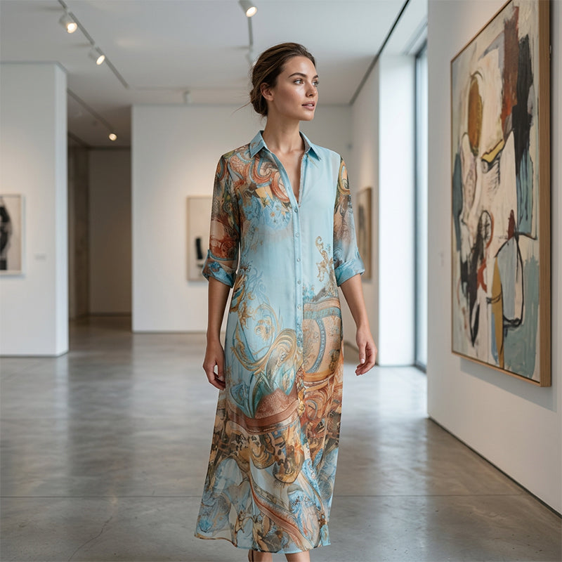 👗 LIMITED-TIME 50% OFF! ✨ Elegant Retro Print Maxi Dress – V-Neck Button-Down. Flowy Silhouette. Boho Chic 🌸