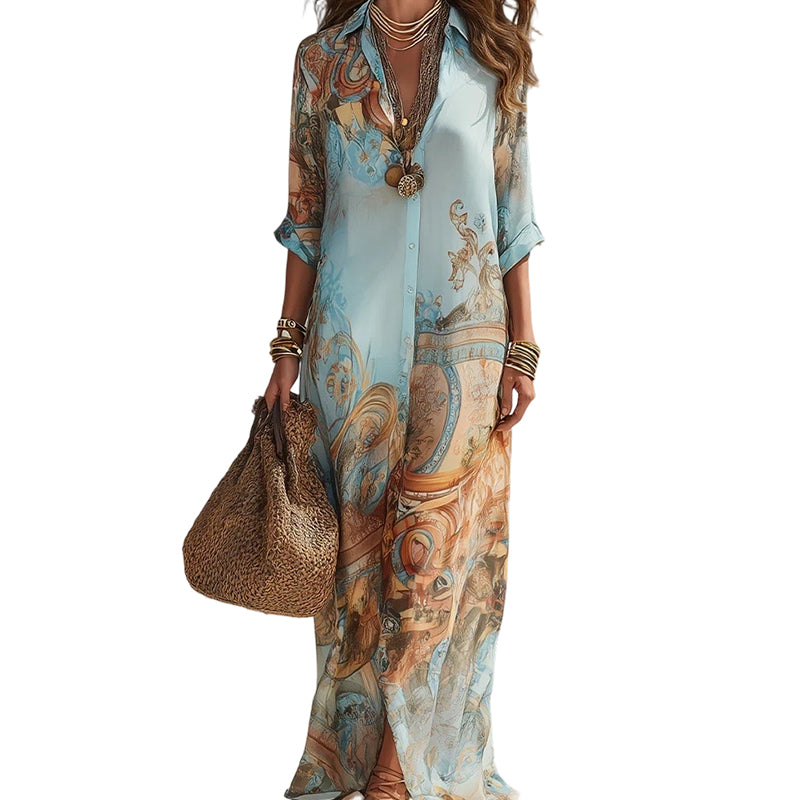 👗 LIMITED-TIME 50% OFF! ✨ Elegant Retro Print Maxi Dress – V-Neck Button-Down. Flowy Silhouette. Boho Chic 🌸