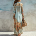 👗 LIMITED-TIME 50% OFF! ✨ Elegant Retro Print Maxi Dress – V-Neck Button-Down. Flowy Silhouette. Boho Chic 🌸
