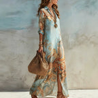 👗 LIMITED-TIME 50% OFF! ✨ Elegant Retro Print Maxi Dress – V-Neck Button-Down. Flowy Silhouette. Boho Chic 🌸