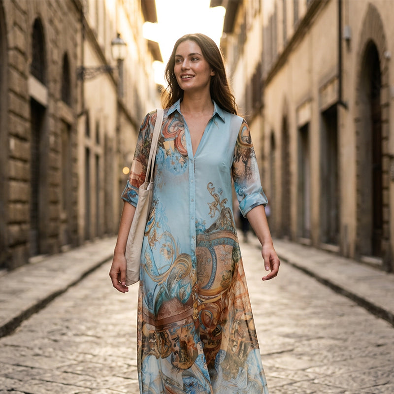 👗 LIMITED-TIME 50% OFF! ✨ Elegant Retro Print Maxi Dress – V-Neck Button-Down. Flowy Silhouette. Boho Chic 🌸