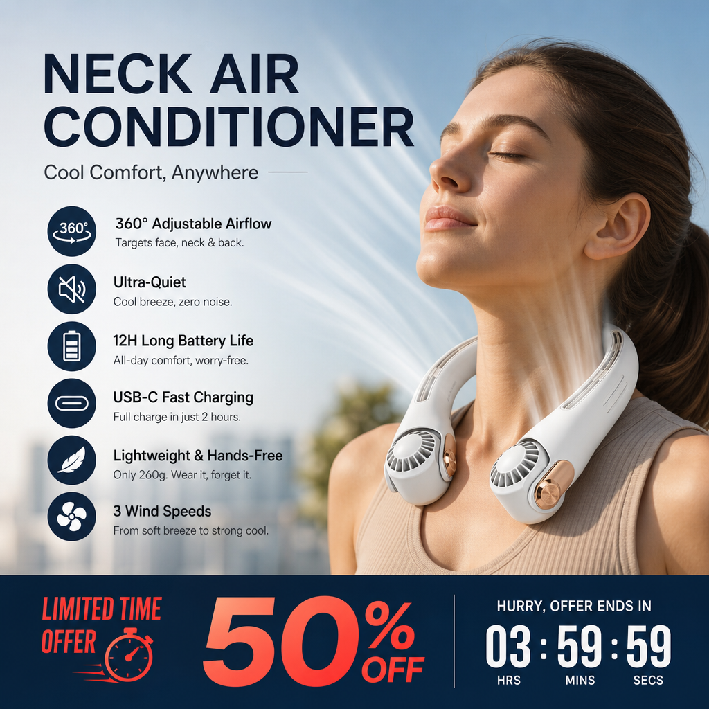🥳2026 HOT SALE🥳💞50K+ SOLD!🍃 Neck Air Conditioner Fan – Ultra‑quiet. 360° rotating. 3 speeds. Hands‑free cooling. long battery. Summer essential! 😎🌬️